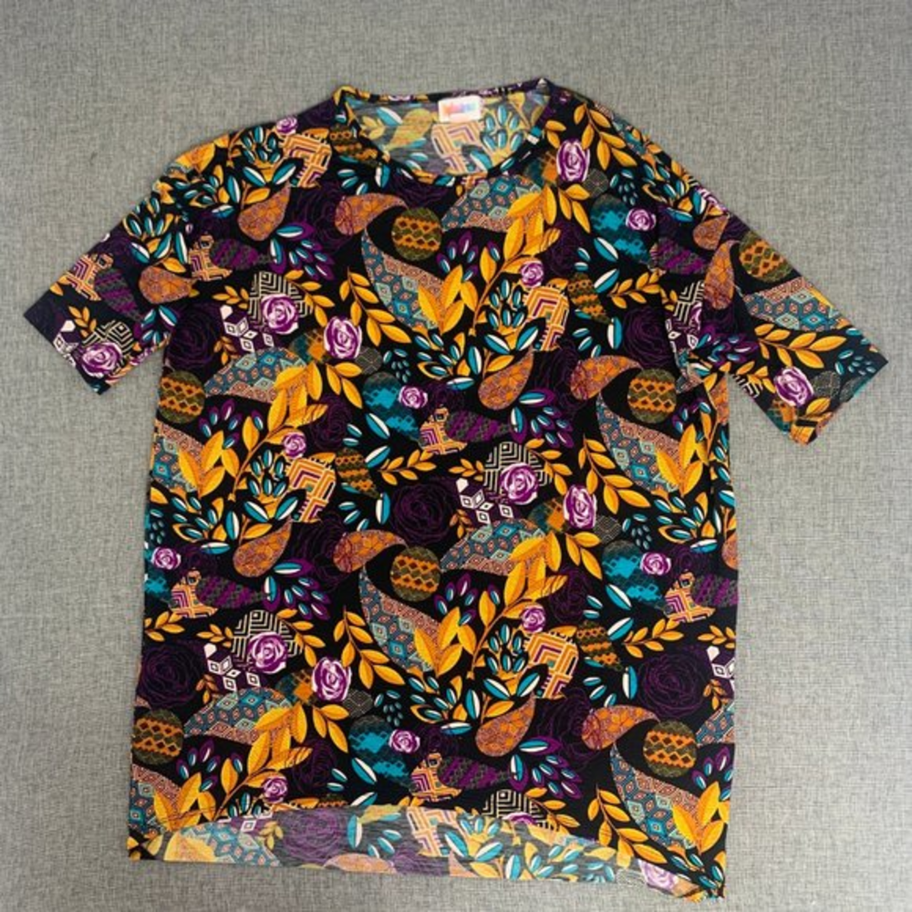 Lularoe Irma Floral High & Low Tunic Top XS Short Sleeve Black‎ Purple Yellow